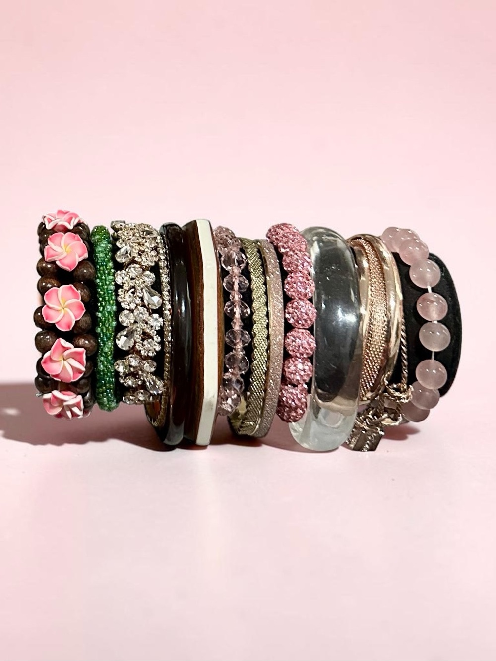 Custom Pink Boho Crystal & Rhinestone Bracelet Stack Set